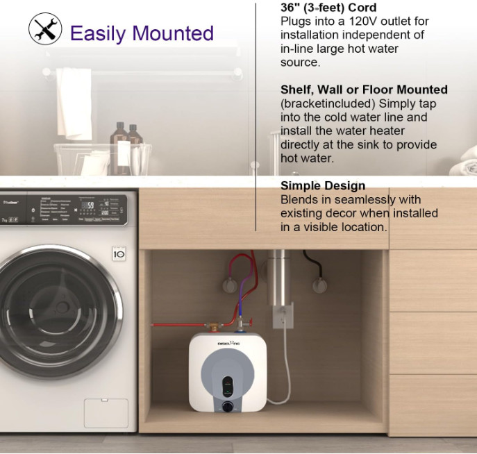 Calentador de agua eléctrico compacto 2.5 gal bajo fregadero 1500W
