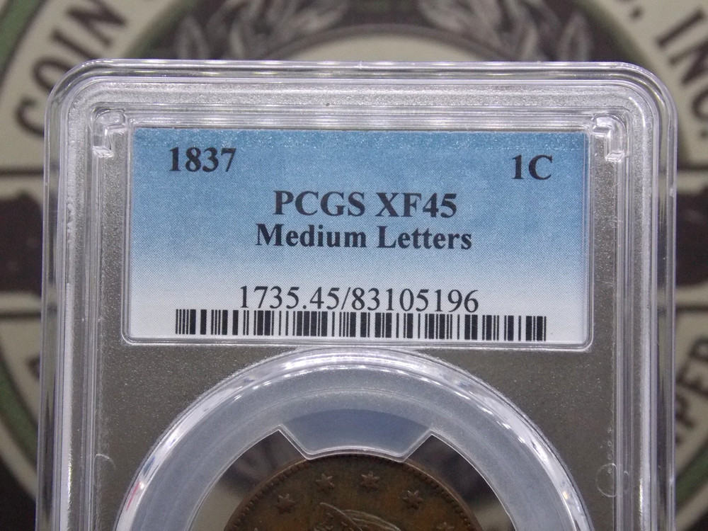 1837 Coronet Head Large Cent *MEDIUM LETTERS* 1c PCGS XF45 #196 Extra Fine ECC&C