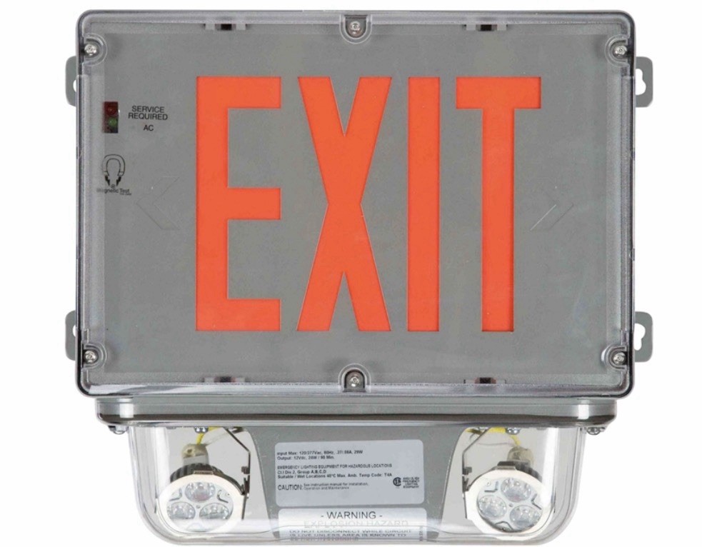 10W Explosion Proof LED Emergency Exit Sign w/ Halogen Bug Eyes - 120/277VAC