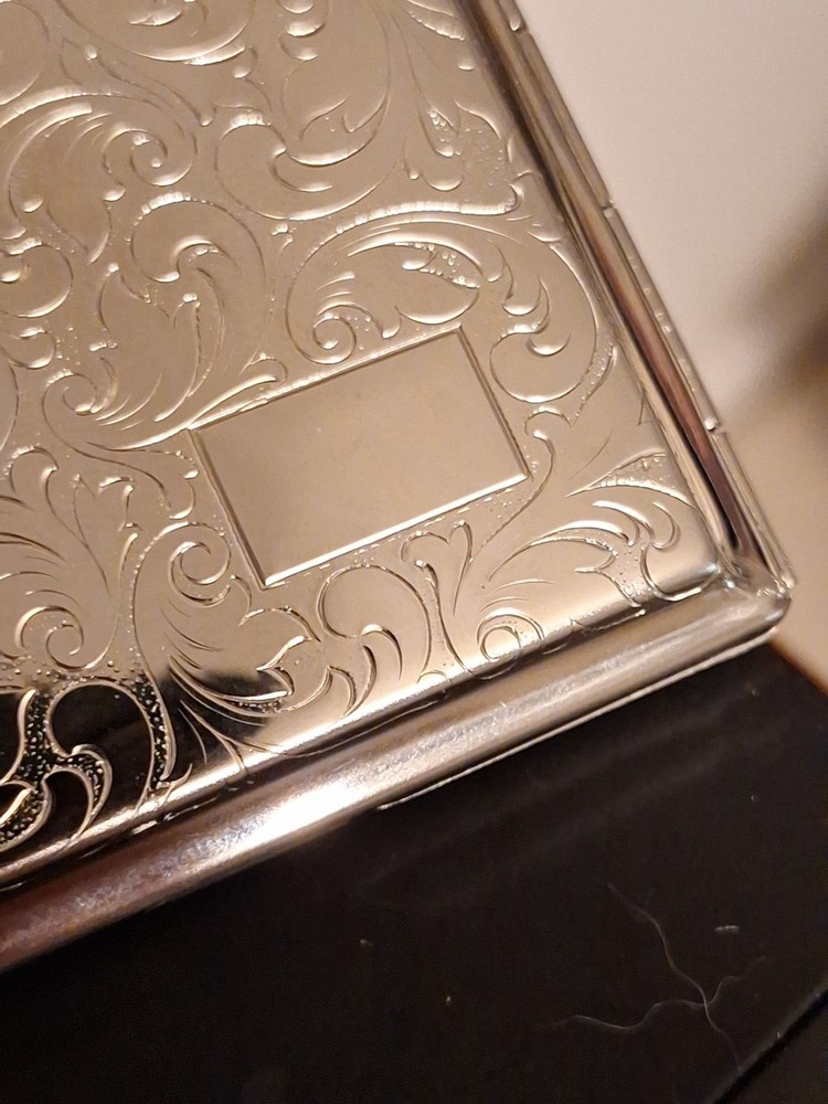 German Made Silver-Tone Etched Scroll Cigarette Case with Mirror