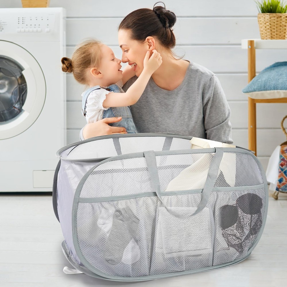 2 Pack Collapsible Laundry Baskets, Upgrade Pop Up Laundry Hamper with Conven...