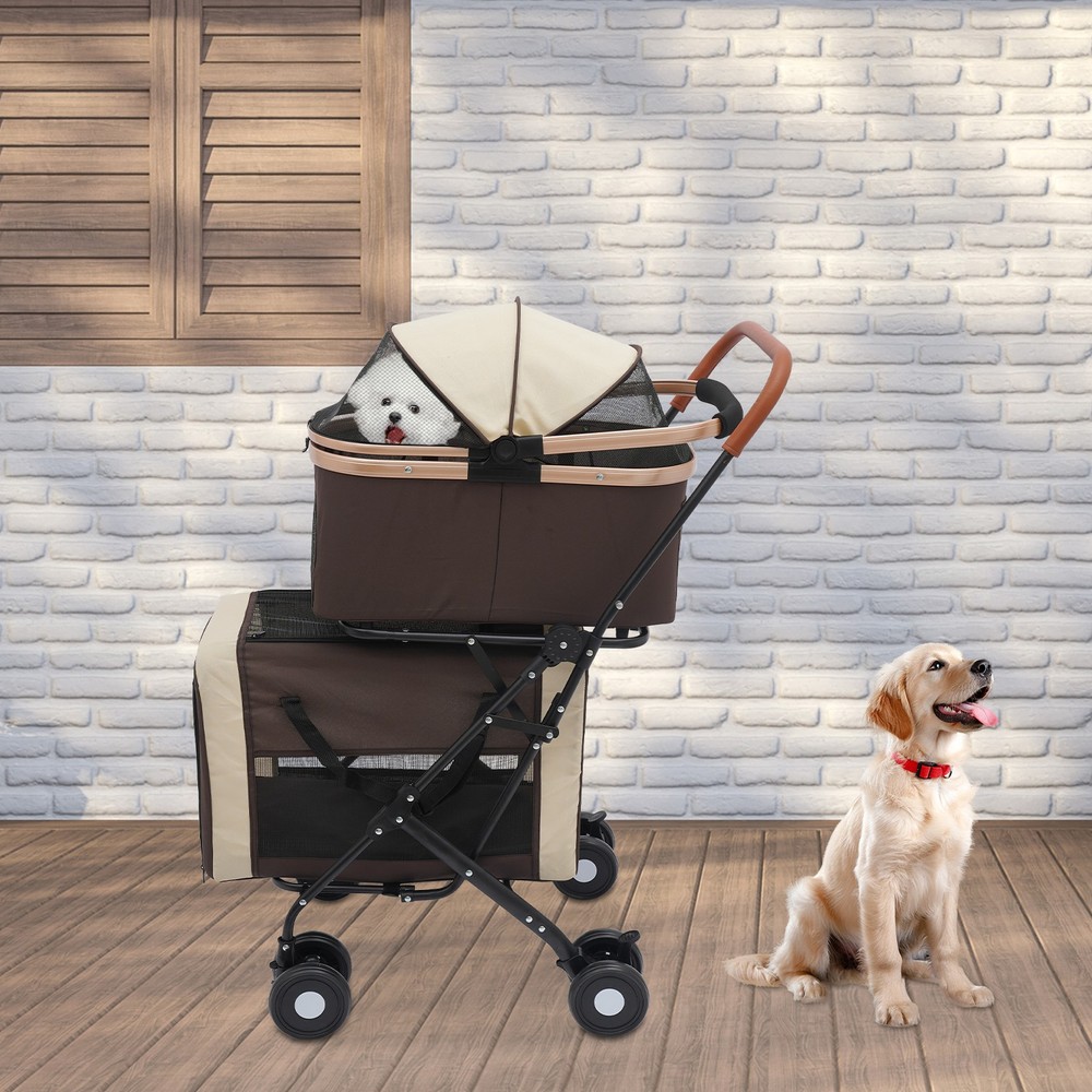 2-Tiers Foldable Cat Stroller Pet Stroller Small & Medium Dogs Stroller 77lbs