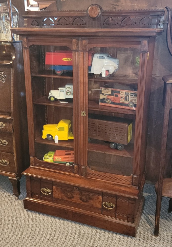 Antique Victorian Walnut Step Back Bookcase – Two Glass Doors