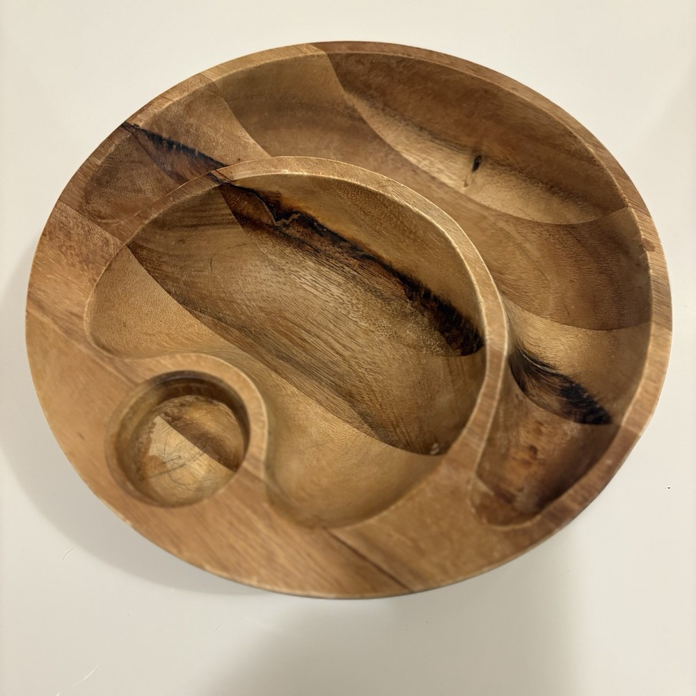 Nambe Eclipse Nut Cracker Bowl Wood (No Nutcracker) 3 Section