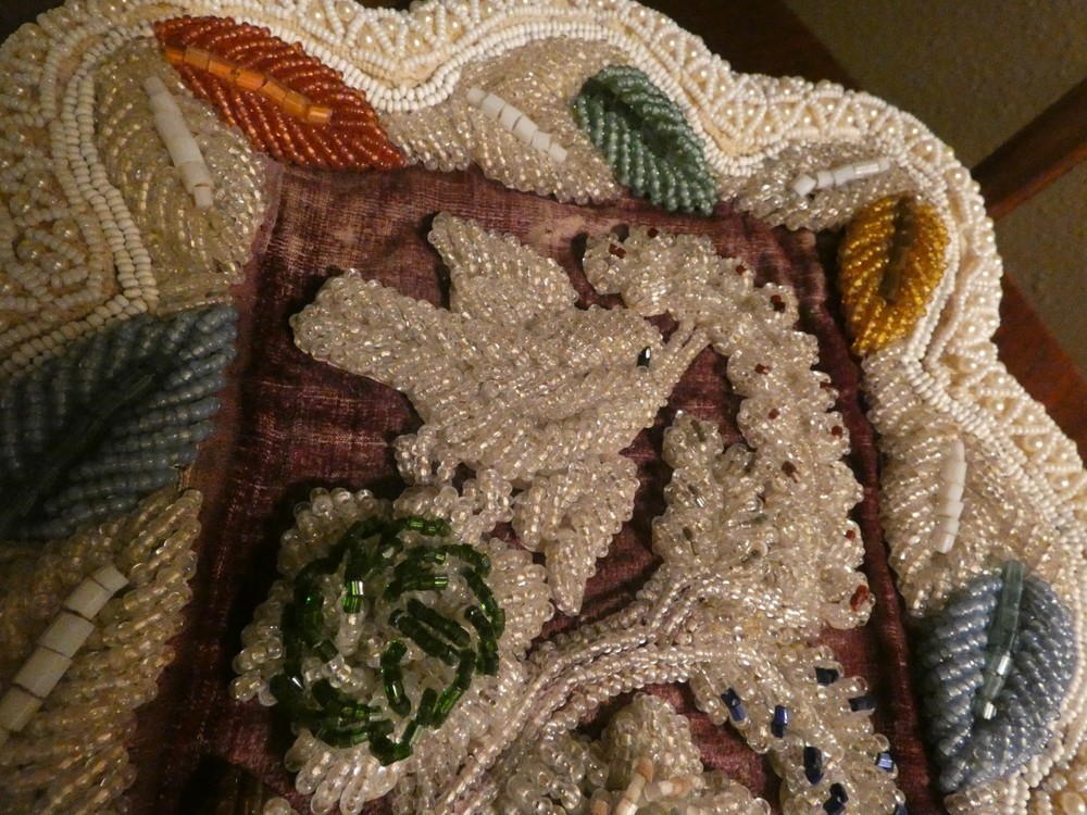 Antique Glass Bead Panel w/ Bird & Leaves