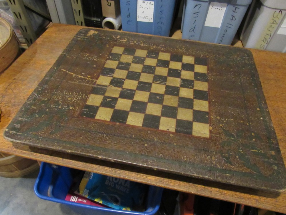 ANTIQUE ORIGINAL 1800's FOLDING CHESS CHECKERBOARD TABLE SOLID PLANK TOP