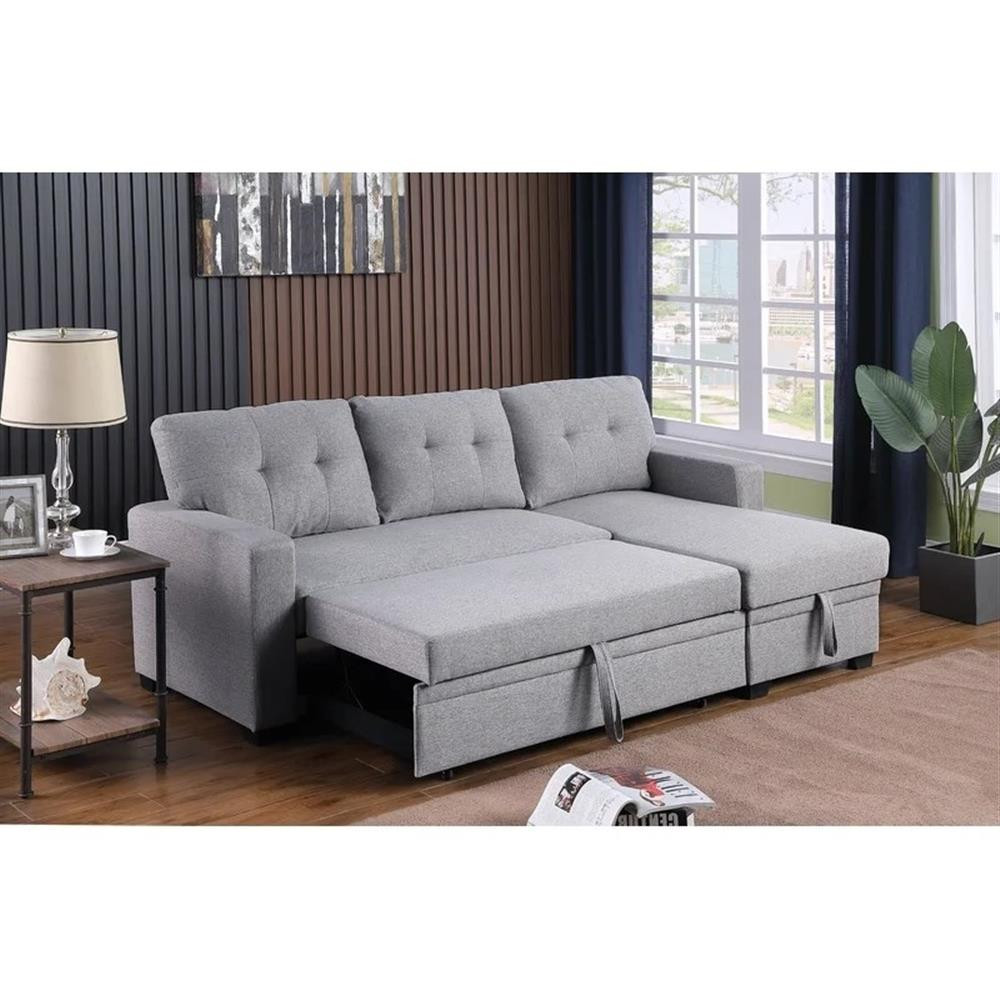Maklaine Polyester Fabric Reversible Sleeper Sectional Sofa - Light Gray