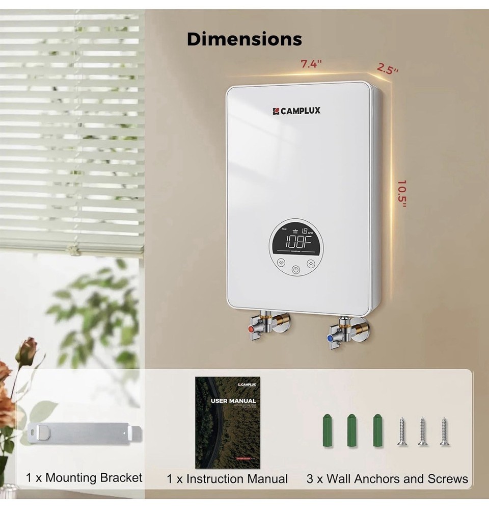 CAMPLUX Tankless Water Heater Electric 4.5kW 110~120V Small Instant Point-of-use