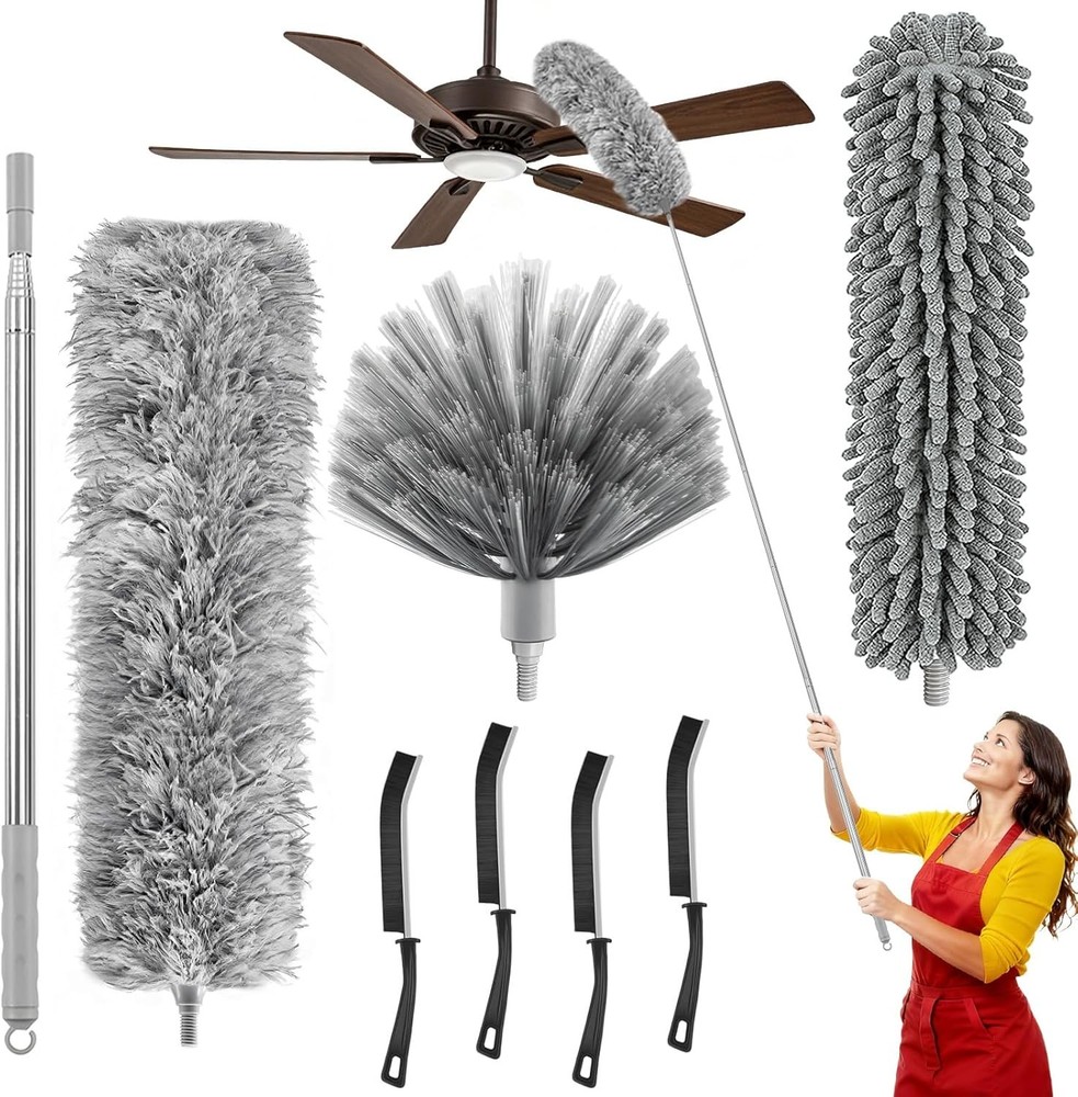 Microfiber Feather Duster Set with Extens Pole, Extendable Cobweb &