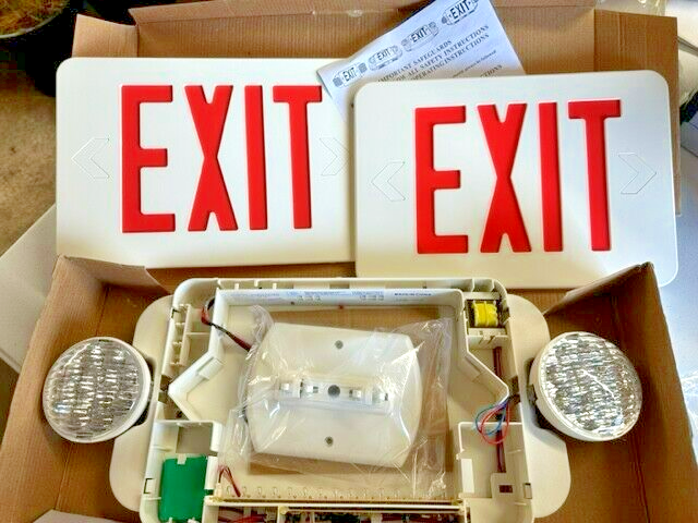2-Light Plastic LED White Exit Sign with Red Light Up Exit Emergency Combo LED