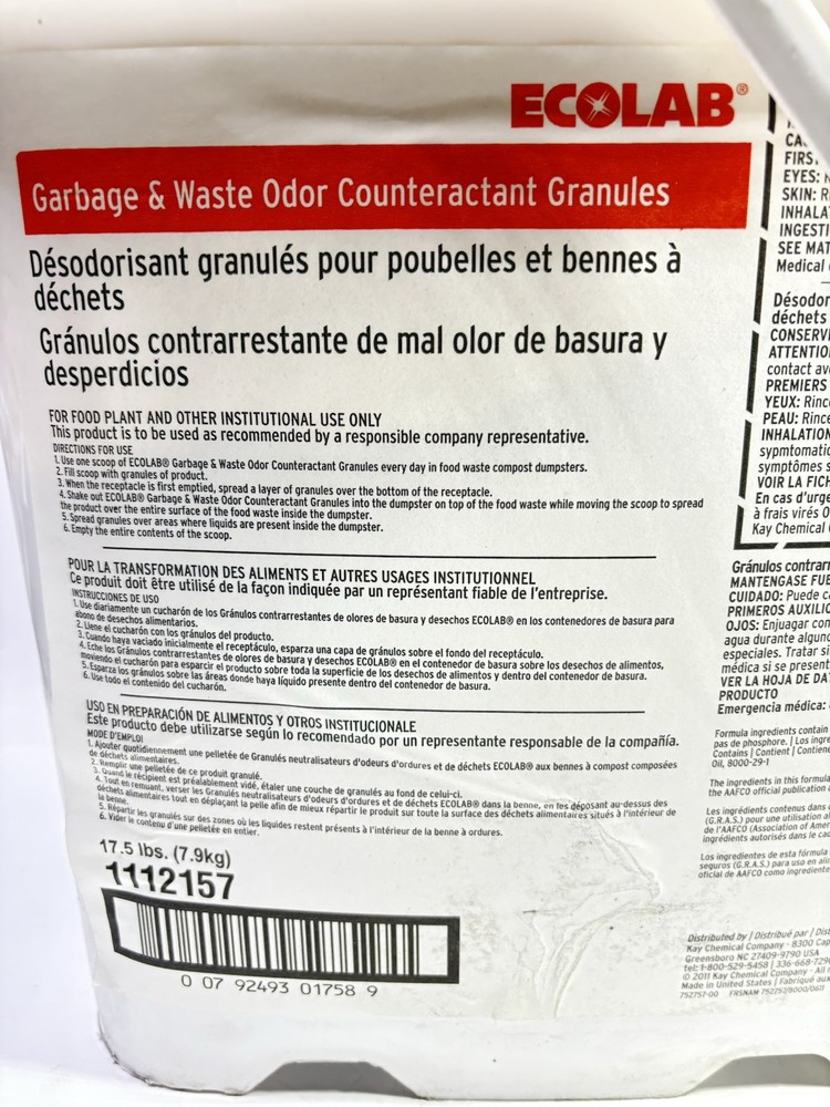 ECOLAB 17.5 Pound Bucket Garbage Can Dumpster Food Waste Oder Control Granules