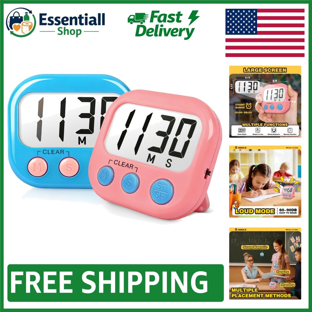 Versatile Classroom Digital Timers - 2 Pack with Memory Feature in Blue & Pink