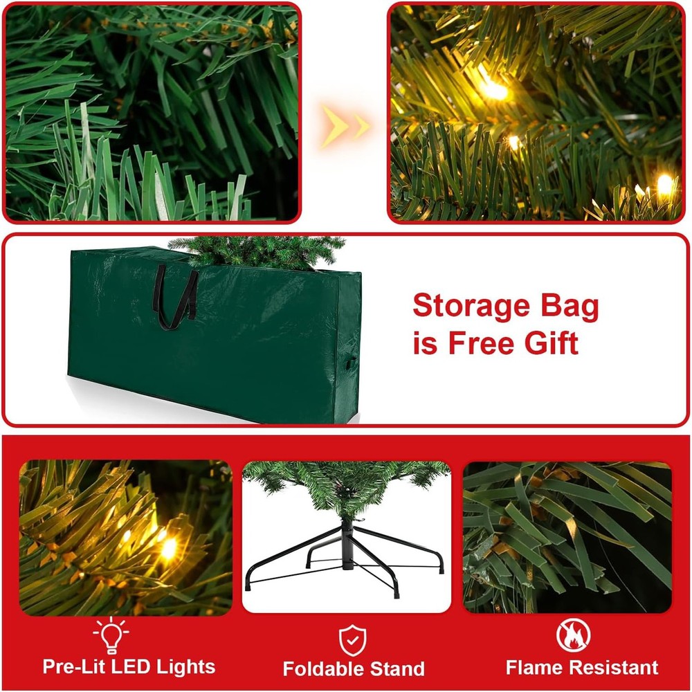 6.5ft Artificial Christmas Tree Pre-lit Xmas Spruce Hinged Decor w/ Storage Bag