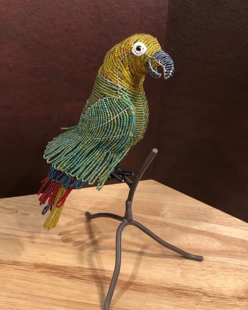 Parrot Sculpture with perch on stand Beaded Beautiful