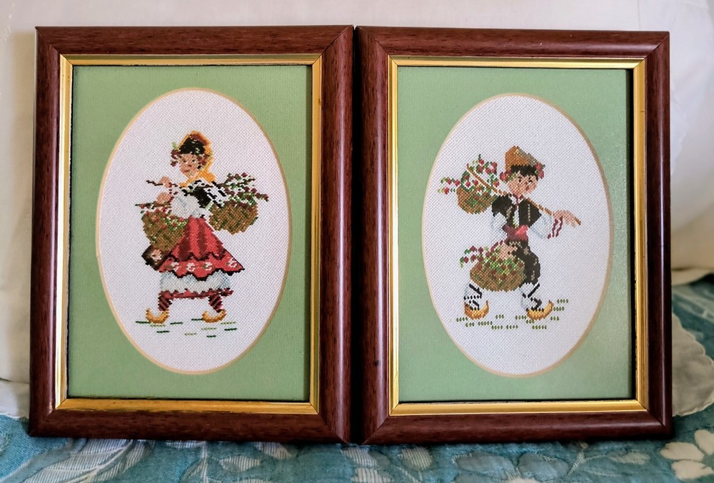 2 SMALL FRAMED Signed NEEDLEPOINT Cross Stitch 8" By 6 1/2"
