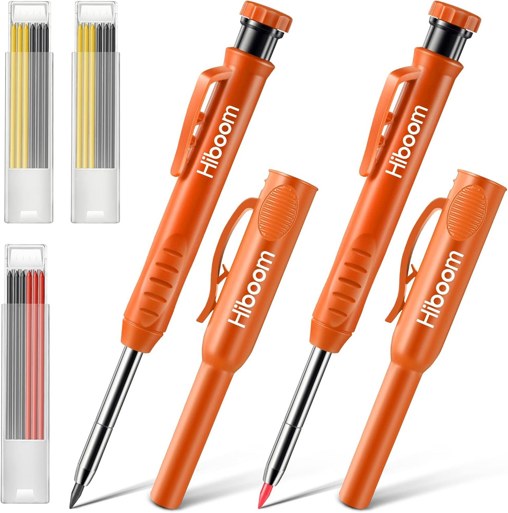 2 Pack Solid Carpenter Pencils with Pencil Cap and 18 Refills, Long Nose Deep...