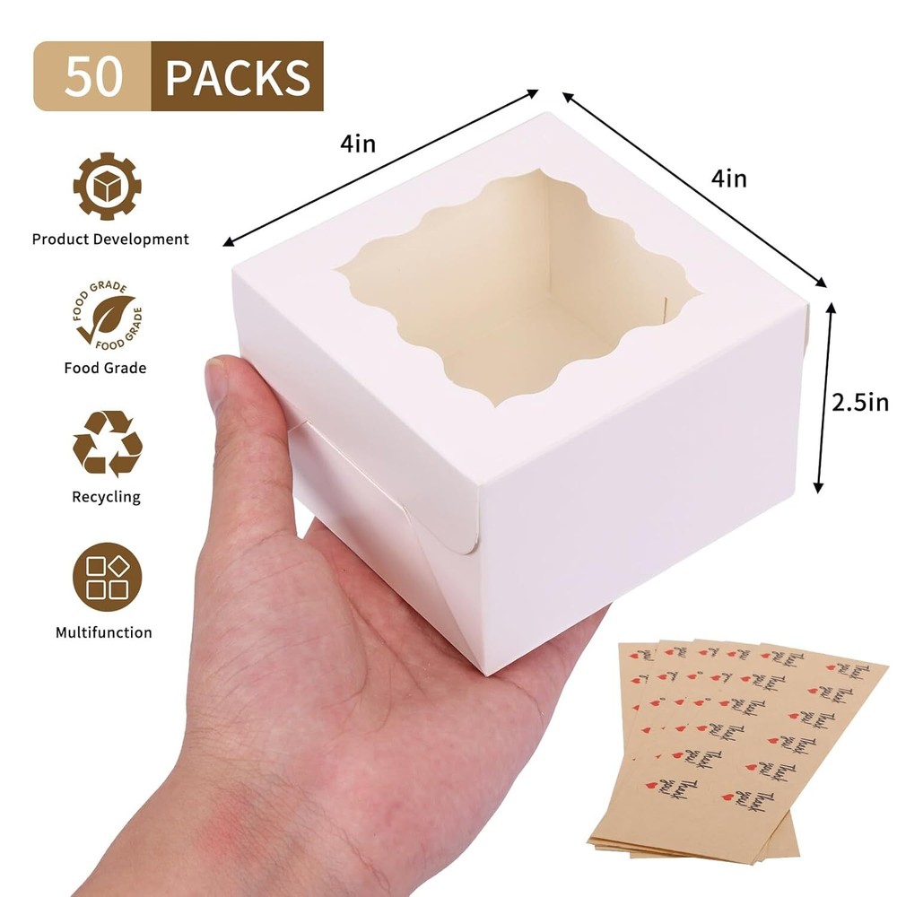 50Pcs 4"x4"x2.5" White Cookie Boxes with Window, Bakery Boxes, Small Treat Boxes