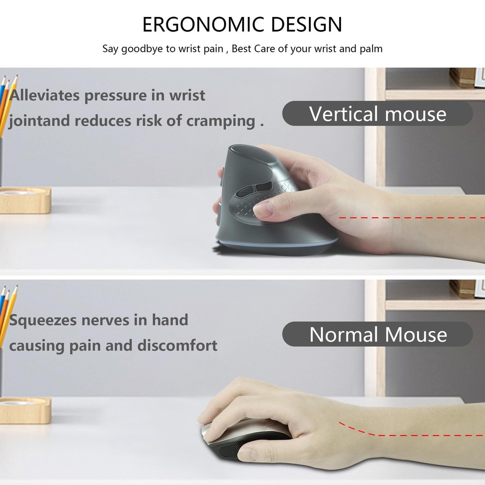 2.4G Wireless Mouse Ergonomic Vertical Bluetooth RGB USB Receiver Grey