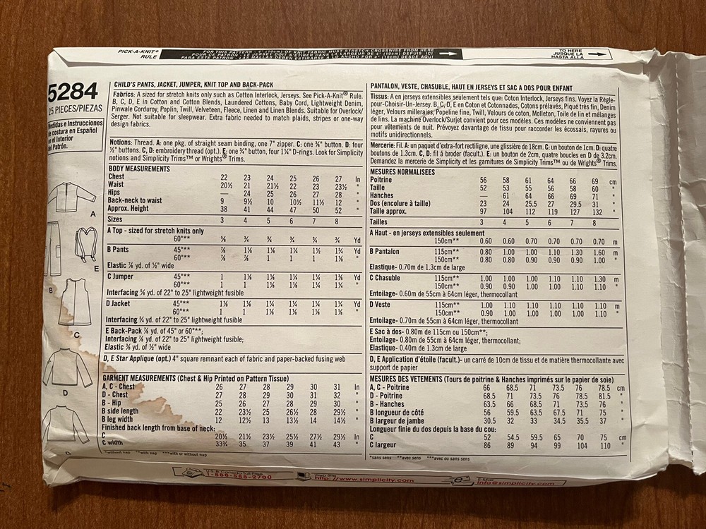 Simplicity - 5284 - Kid’s Clothes & Backpack - Size 3 - 8