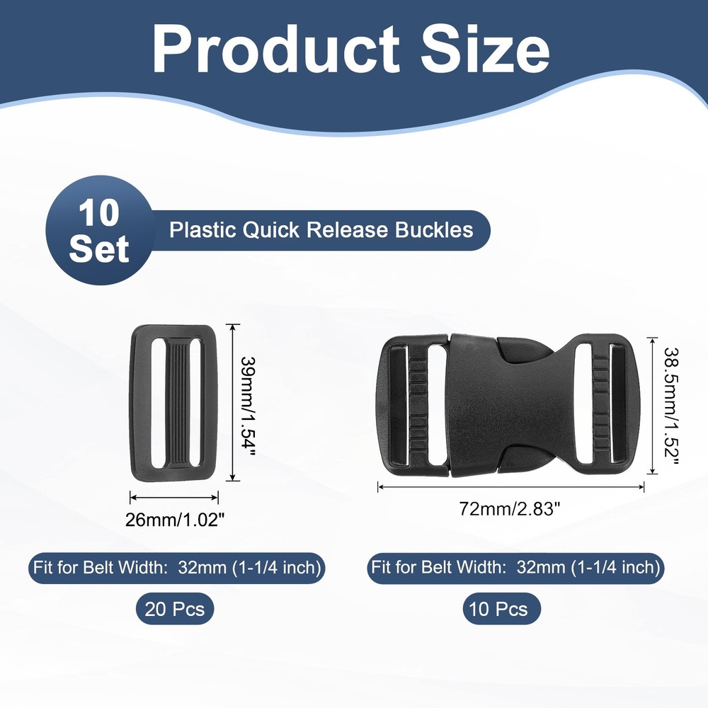 10pcs Quick Side Release Buckles 1-1/4" Dual Adjustable No Sewing Clips Snaps