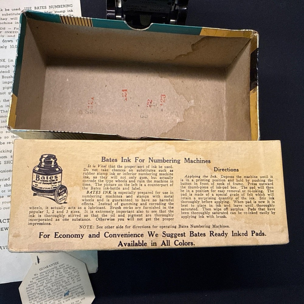 Vintage Bates Automatic Numbering Machine Stamp W/Box. 6 Wheels