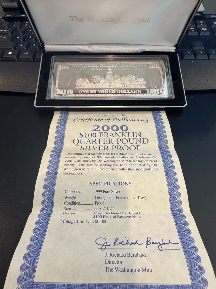 Washington Mint 2000 $100 Silver Proof Certificate