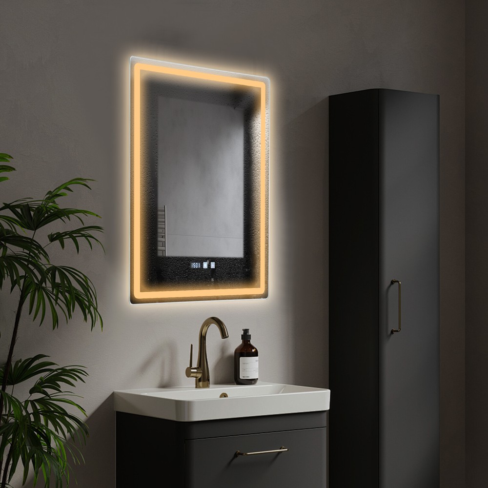 LED-Bathroom-Mirror Rectangular Dimmable Anti-Fog Mirror w/ Light Wall Mounted