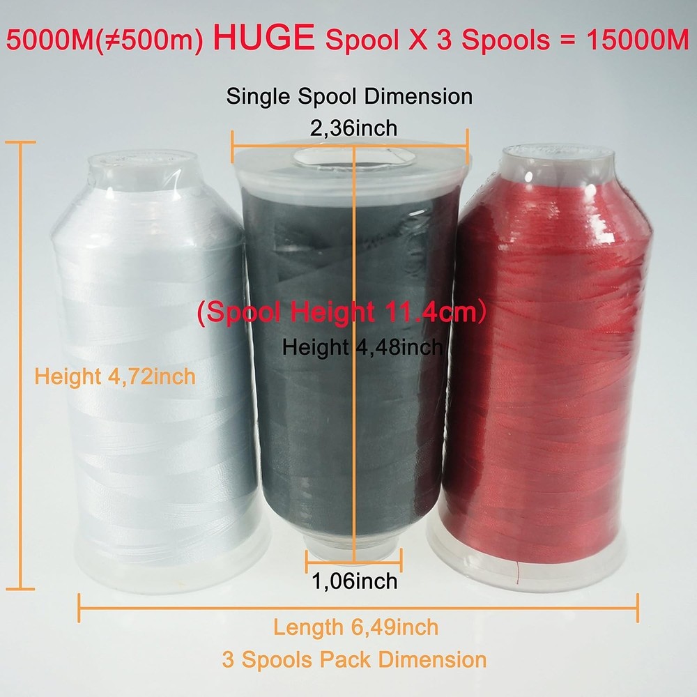 Value Pack: 3 Large 5000M Polyester Embroidery Threads - Color Fast & Durable