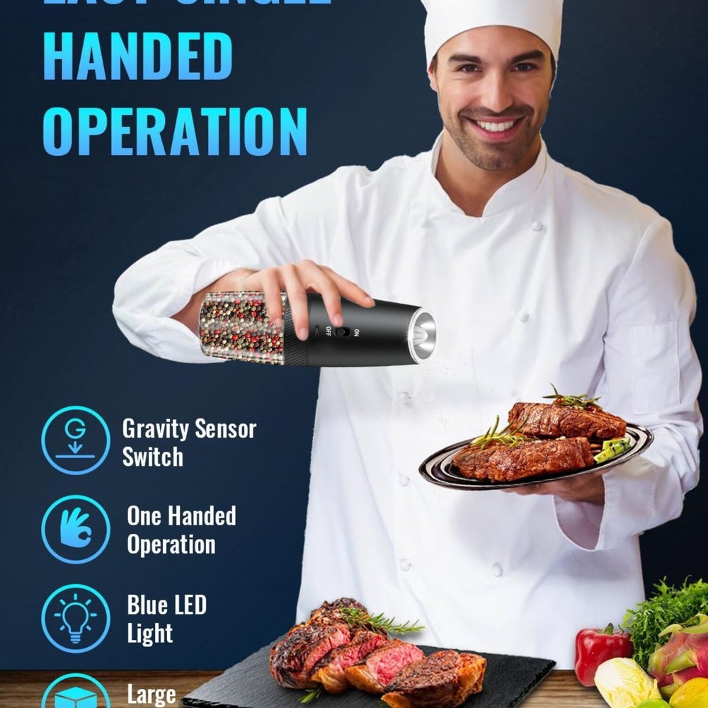 2 Pack Gravity Electric Salt and Pepper Grinder Mill Shaker Adjustable Automatic