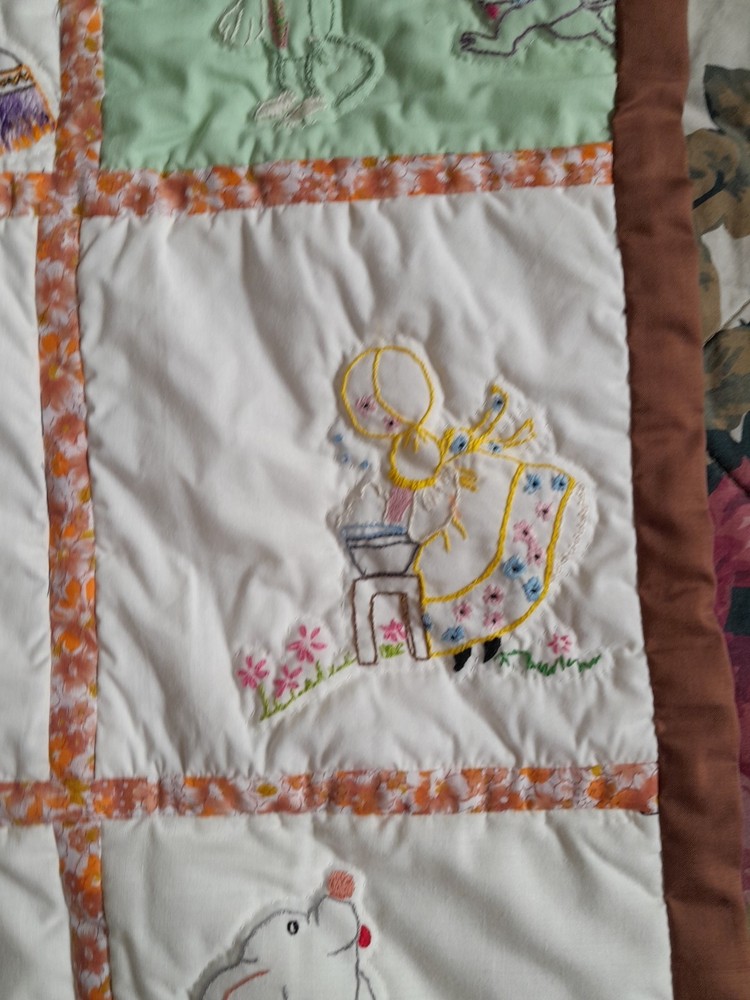 Vintage Handmade Embroidered Patchwork Crib Cot Pram Cover