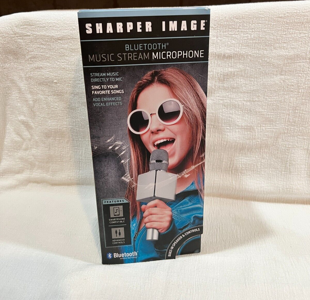 Sharper Image Bluetooth Music Stream Karaoke Microphone Mic Silver/ white