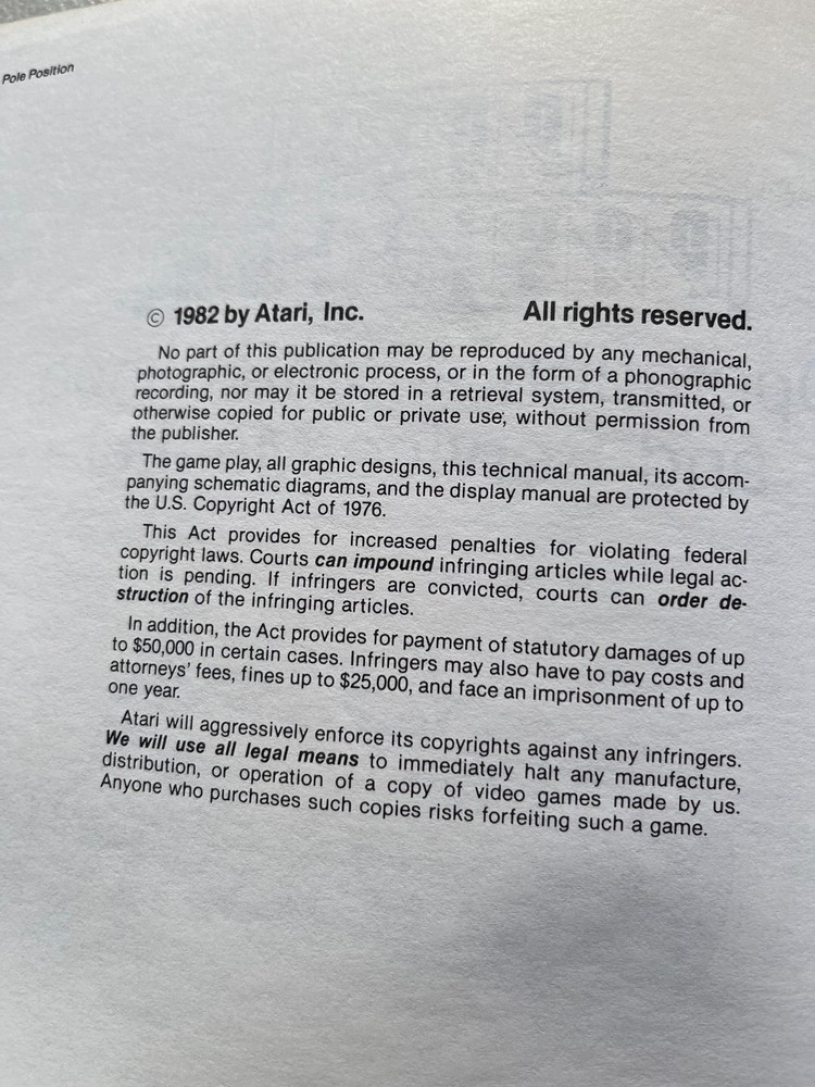 Atari Pole Position & Position II Arcade Service Manual & Schematic Supplement