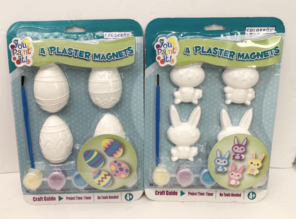 (2) NEW Vtg Paintable Plaster Easter Magnets Kits 8 Total Bunny & Eggs COD03