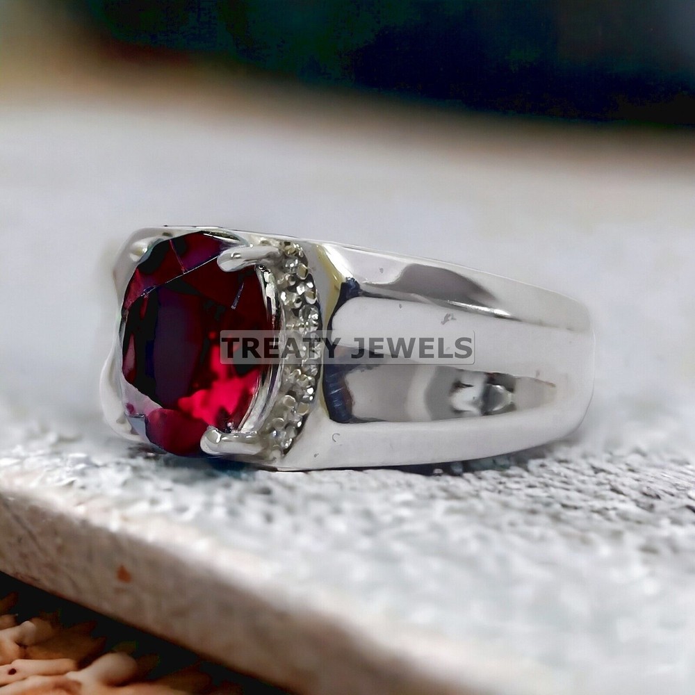 Ruby Oval Cut Gemstone With 14K Solid White Gold Ring For Men's #A40