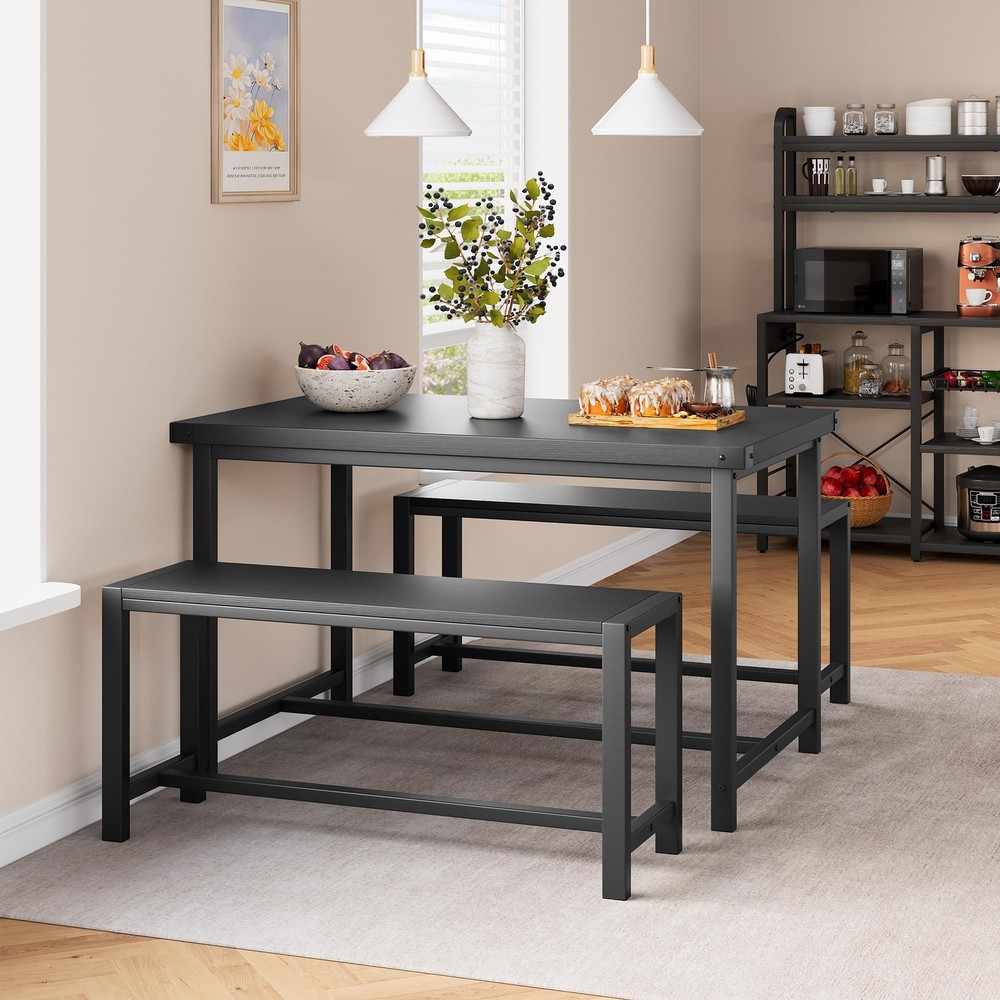 Kitchen Table with 2 Benches ,3 Piece Dining Table Set for 4 ,Dinette Set Black