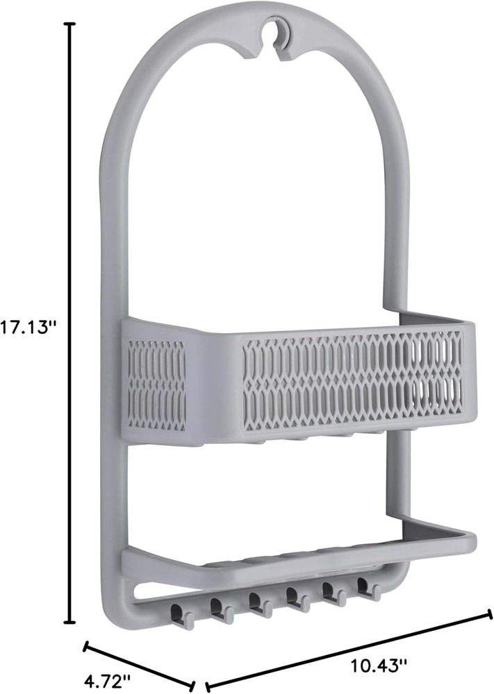 Molded Shower Caddy Bathroom Storage Hangs Over Shower Head 6 Accessory Hooks
