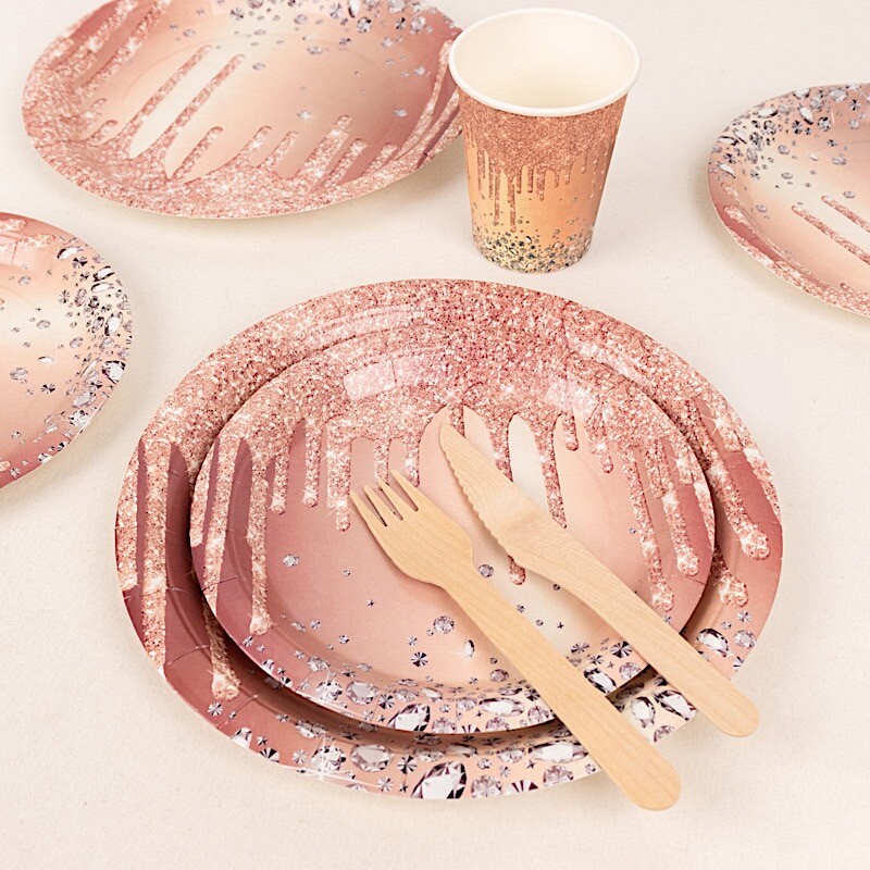 72 Rose Gold Disposable Paper Tableware Set Diamond Glitter Pattern Party Events