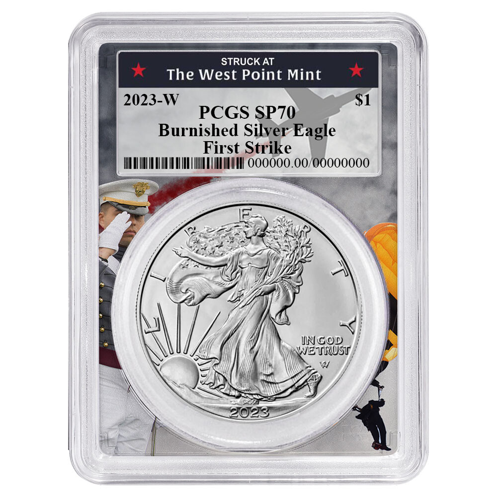 2023-W Burnished $1 American Silver Eagle PCGS SP70 FS West Point Frame
