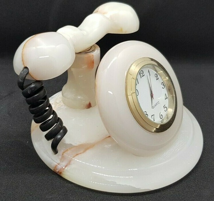 WHITE ONYX HANDCRAFTED, TELEPHONE STYLE CLOCK, 3"