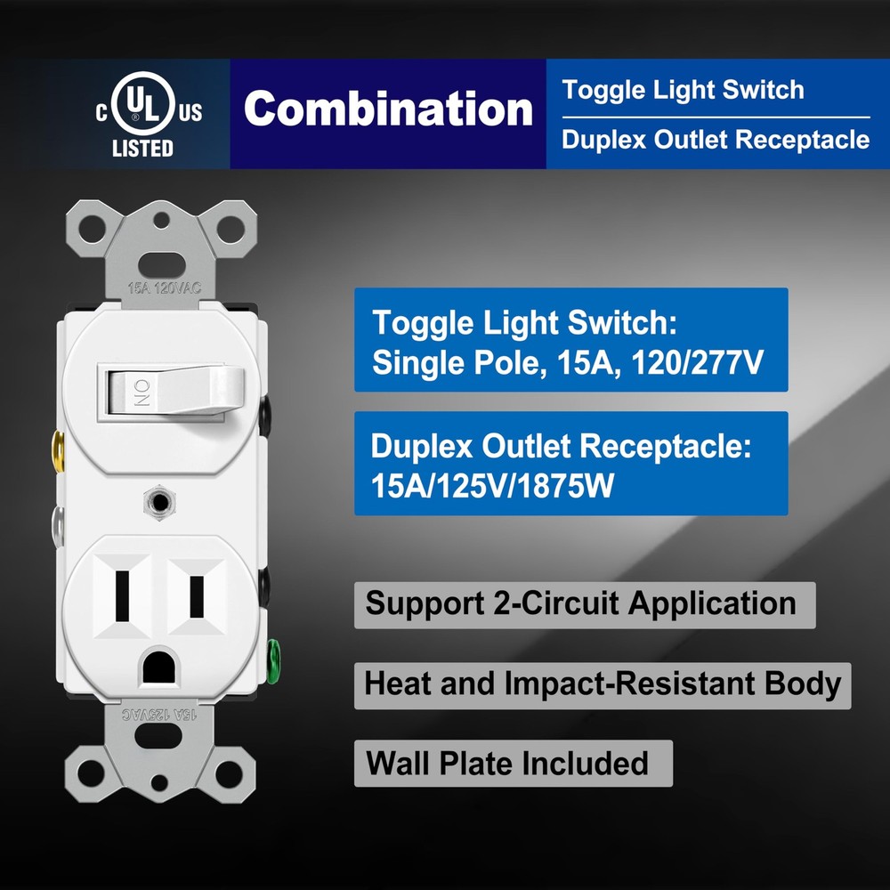 2 Pack Combination Toggle Light Switch and Duplex Receptacle Outlet Single Pole