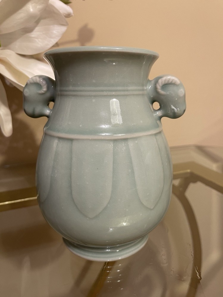 Mid 20th Century Celadon Vase With Ram's Head Handles