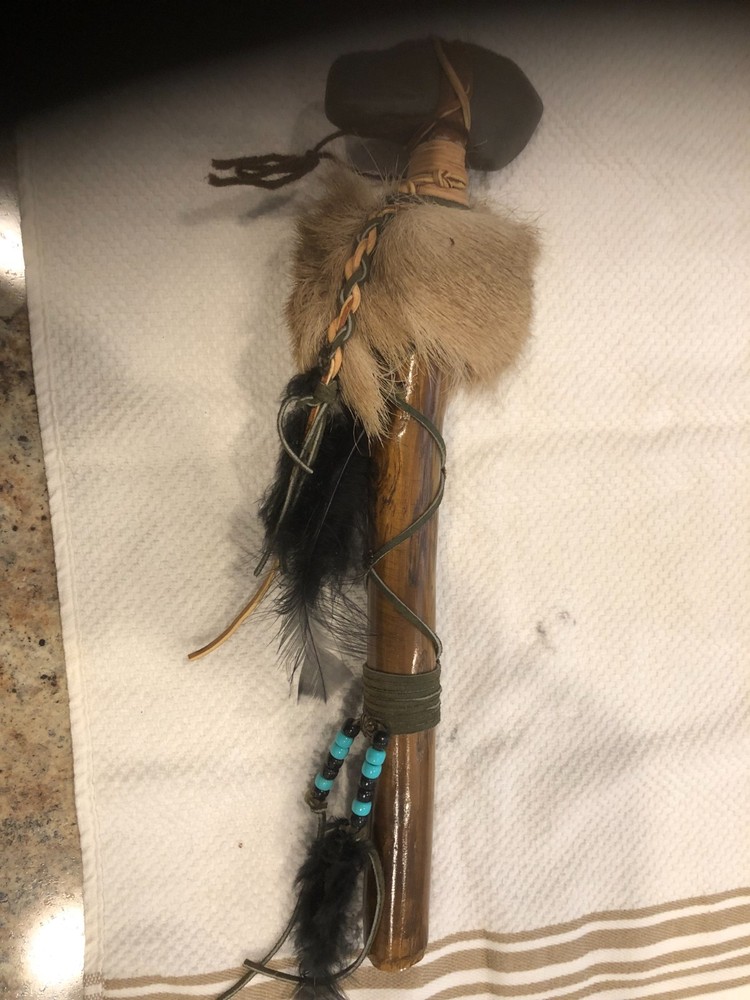Stone Tomahawk Native American Style w/ Leather Wrapping & Beaded, Fur &Feathers