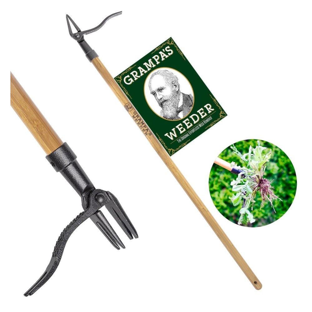 Grampa's  Stand Up Weed Puller Tool - 45” Bamboo Handle, Safe Weeding