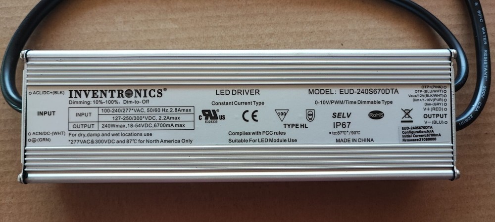 INVENTRONICS EUD-240S670DTA LED DRIVER 240W 6700mA Programmable Dimmable NEW