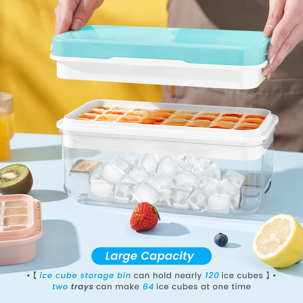 Blue 2 Tier Ice Cube Tray Set Easy Release BPA Free Includes Lid and Storage Bin