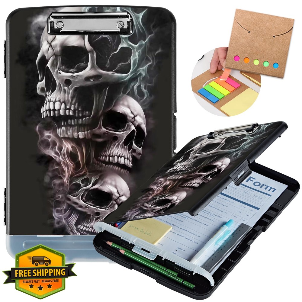 Clipboard with Storage Heavy Duty Plastic Skull Black
