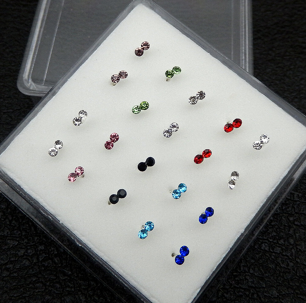 Wholesale 20Pcs Solid Silver Mixed Style Crystal Bar Bone Pierced Nose Stud