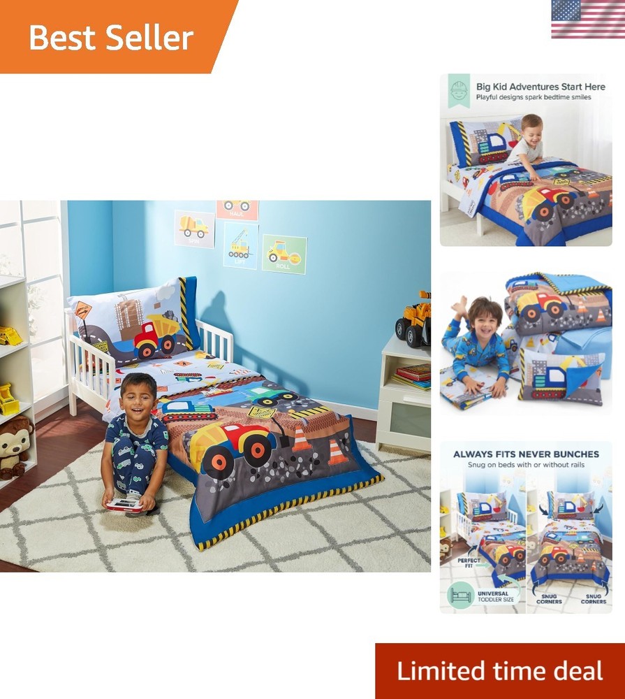 4 Piece Under Construction Toddler Bedding Set - Comforter, Sheets & Pillowcase