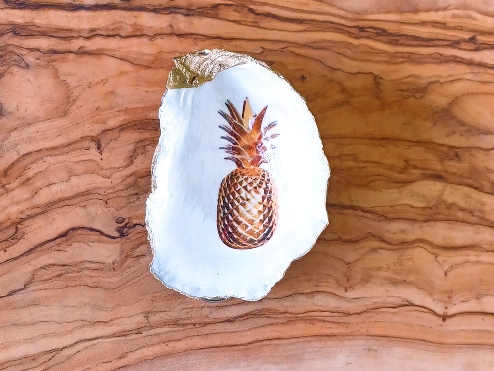 Pineapple Decoupage Oyster Shell - Gold and White Ring Dish, Seashell Decor