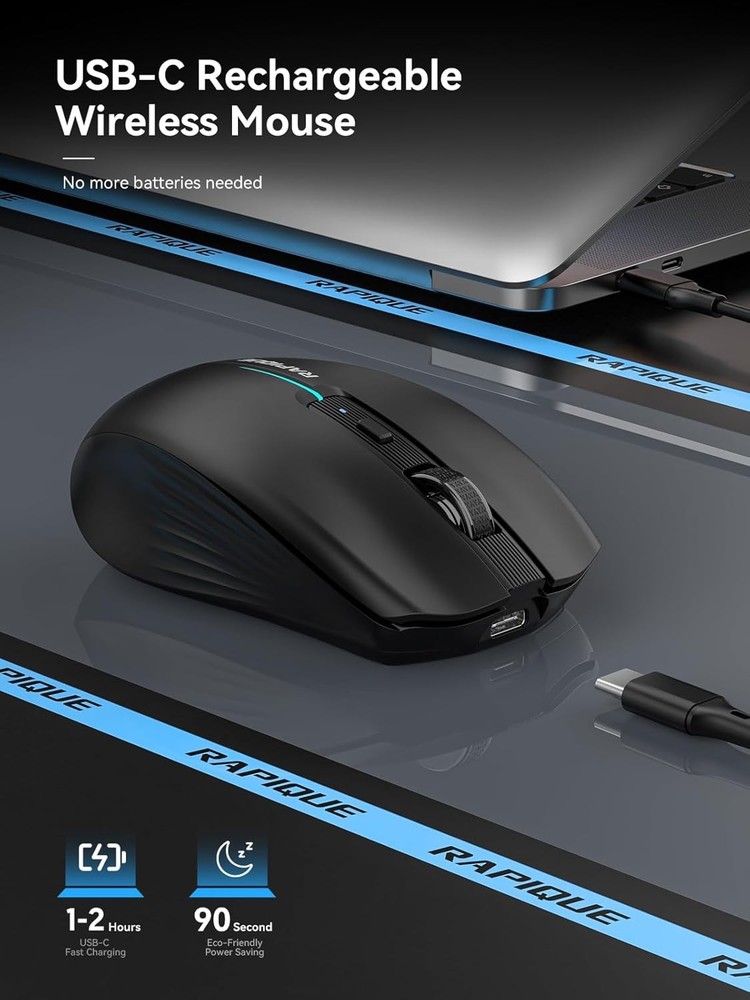 RAPIQUE Bluetooth Wireless Mouse - (BT1/BT2+USB) Tri-Mode High Black